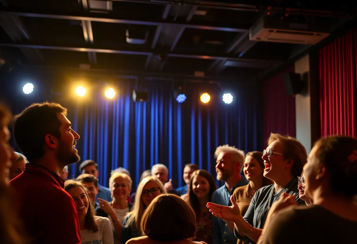 Audience enjoying a comedy show with a spotlight on the stage