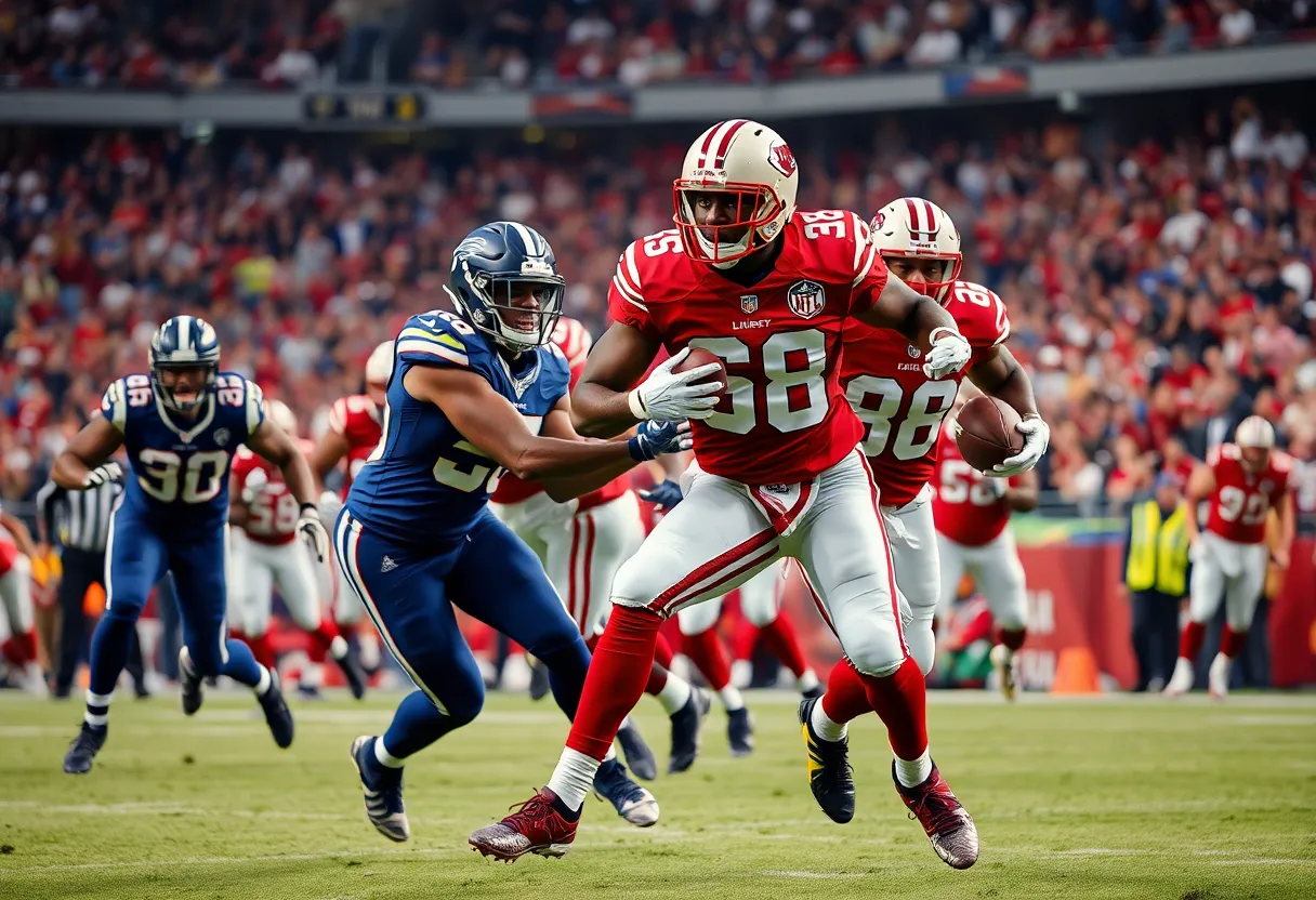 Football players in action during an NFL game with a focus on teamwork and athletic prowess.