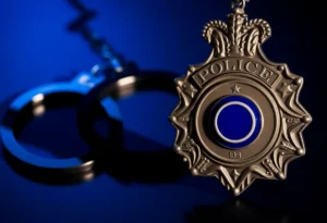 A police badge and handcuffs representing law enforcement accountability