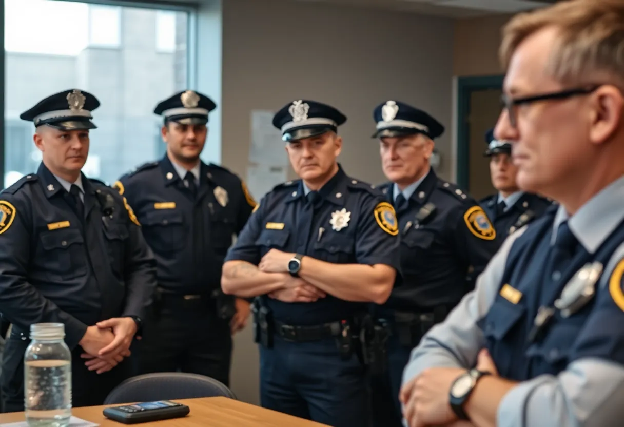 Image depicting law enforcement officers discussing accountability measures at a police station.