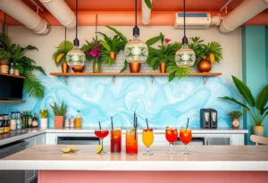 Interior view of Kava & Company in Jacksonville Beach with vibrant decor and drink offerings.