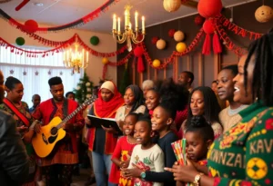 Community members celebrating Kwanzaa in Arlington with music and traditional activities.