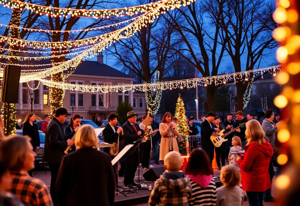 Jazz musicians perform at the Lake Wales Jazz Connection Holiday Festival with holiday decorations.