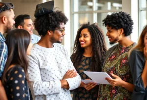 A diverse group of people discussing language pronunciation