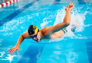 Competitive swimmer performing in a swimming pool during a race.