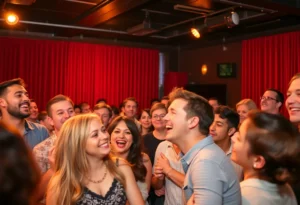 Audience laughing at a comedy show in a lively club.