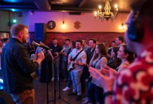 Audience enjoying a live podcast performance at Blue Jay Listening Room