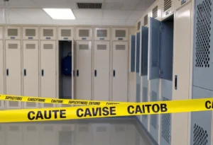 Empty school locker room with caution tape