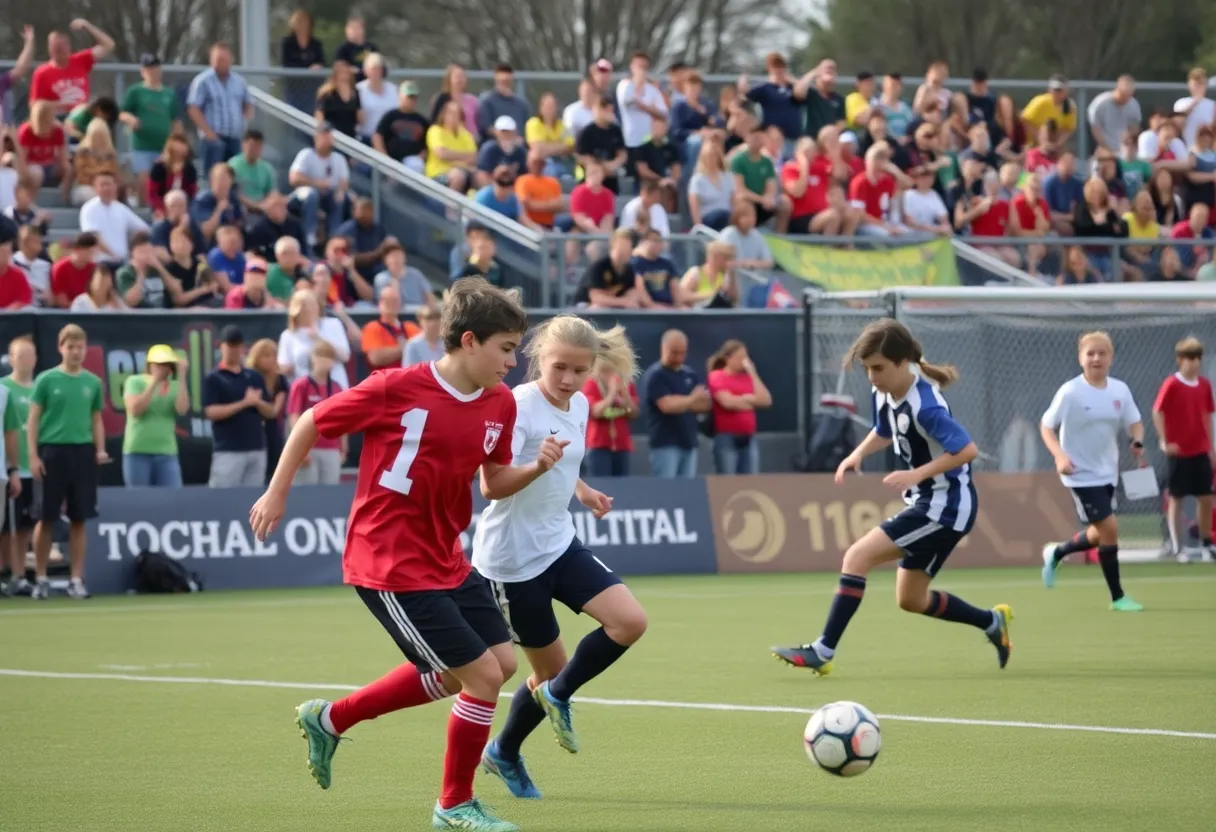 High school soccer players from Mandarin High School competing in a match