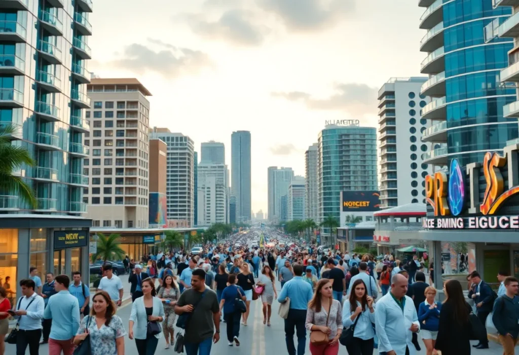 A vibrant Miami business district with professionals at work.