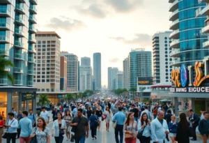 A vibrant Miami business district with professionals at work.