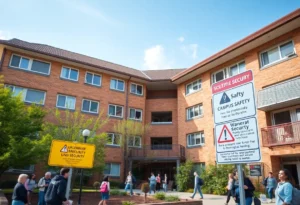 University dormitory with safety warning signs