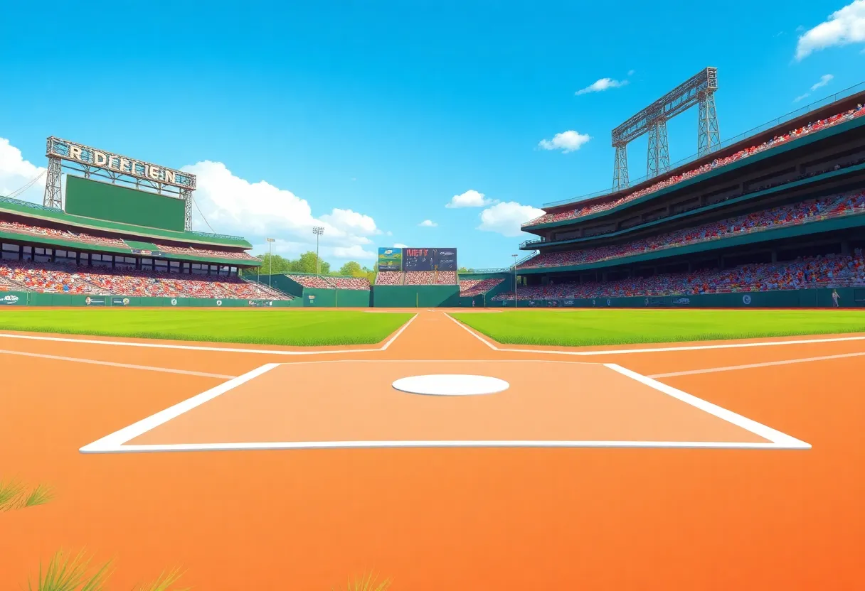 Illustration of a baseball field highlighting first base with fans in the background.