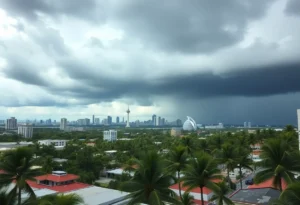 Rainy weather in Miami with clouds and palm trees
