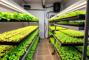 Home-based microgreens farm with vibrant racks of fresh microgreens.