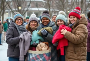 Volunteers organizing collected sweaters during the Mister Rogers' Neighborhood Sweater Drive.