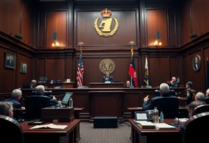 A courtroom scene depicting the legal proceedings of the NASCAR antitrust trial.