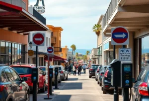 Parking meters in Neptune Beach with local businesses in the background