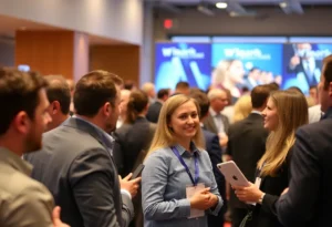 Professionals networking at an event