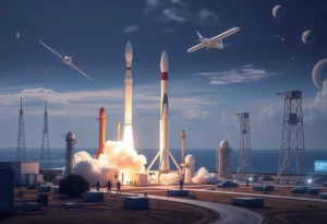 A representation of Florida's aerospace industry with rockets and satellites.