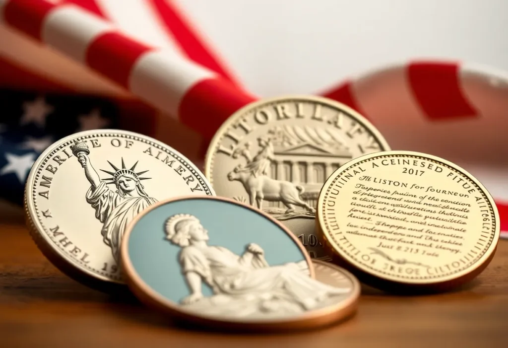 Artistic representation of new U.S. coins celebrating American independence.