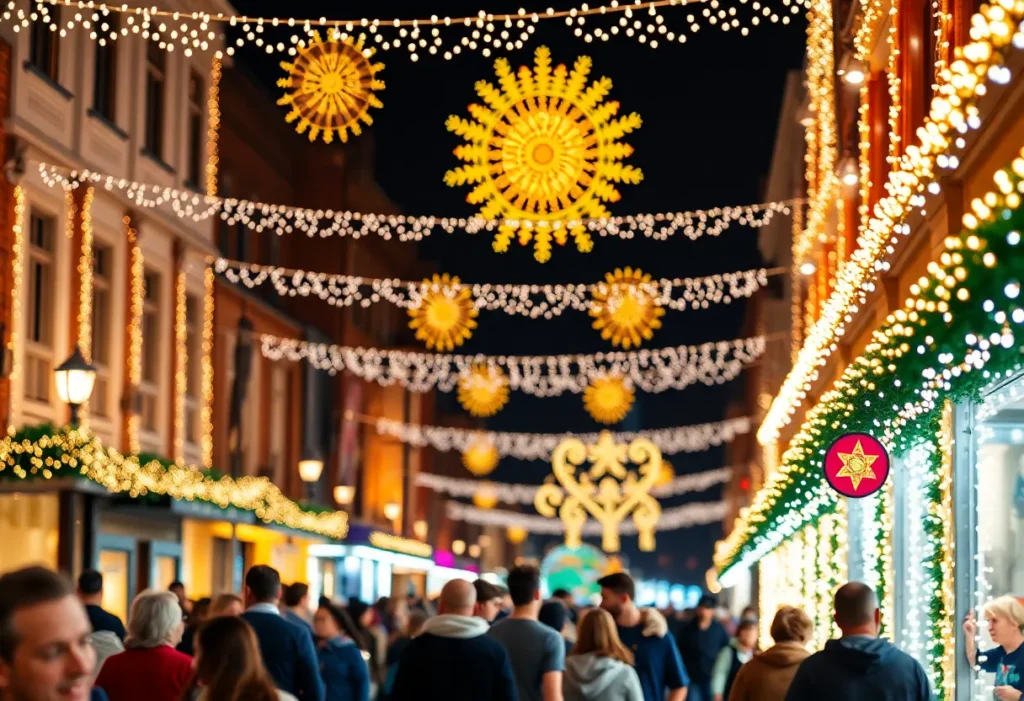 Crowds enjoying the Nights of Lights festival in St. Augustine, illuminated by beautiful lights.