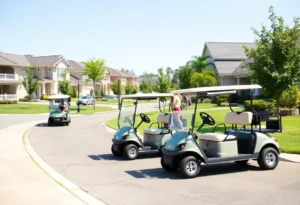 A golf cart in the Nocatee community amidst upscale residential homes