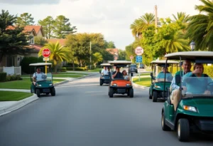 Golf carts in a neighborhood with safety signs