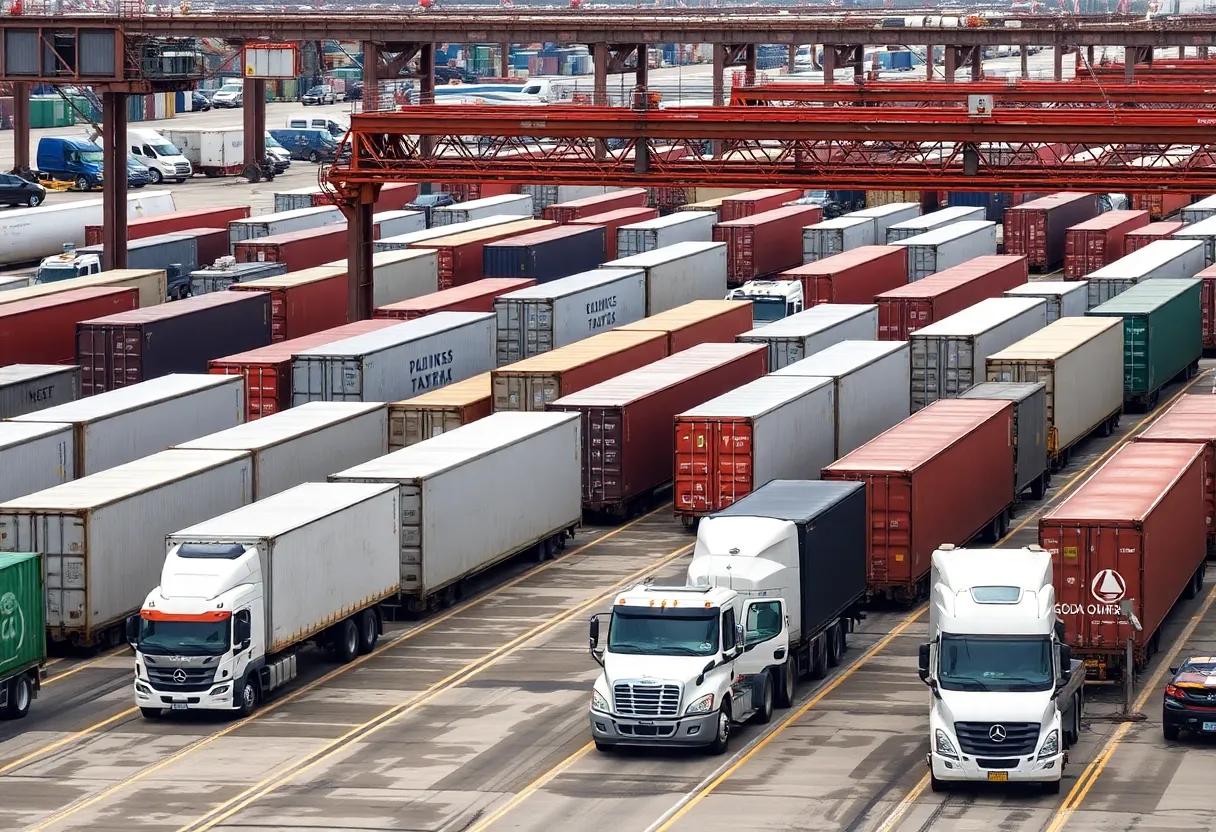 Intermodal freight terminal with cargo containers and trains.