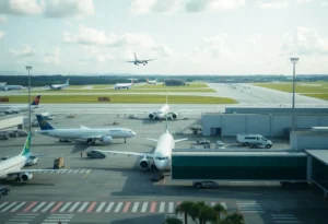 Busy airport terminal in Northeast Florida with aircraft nearby