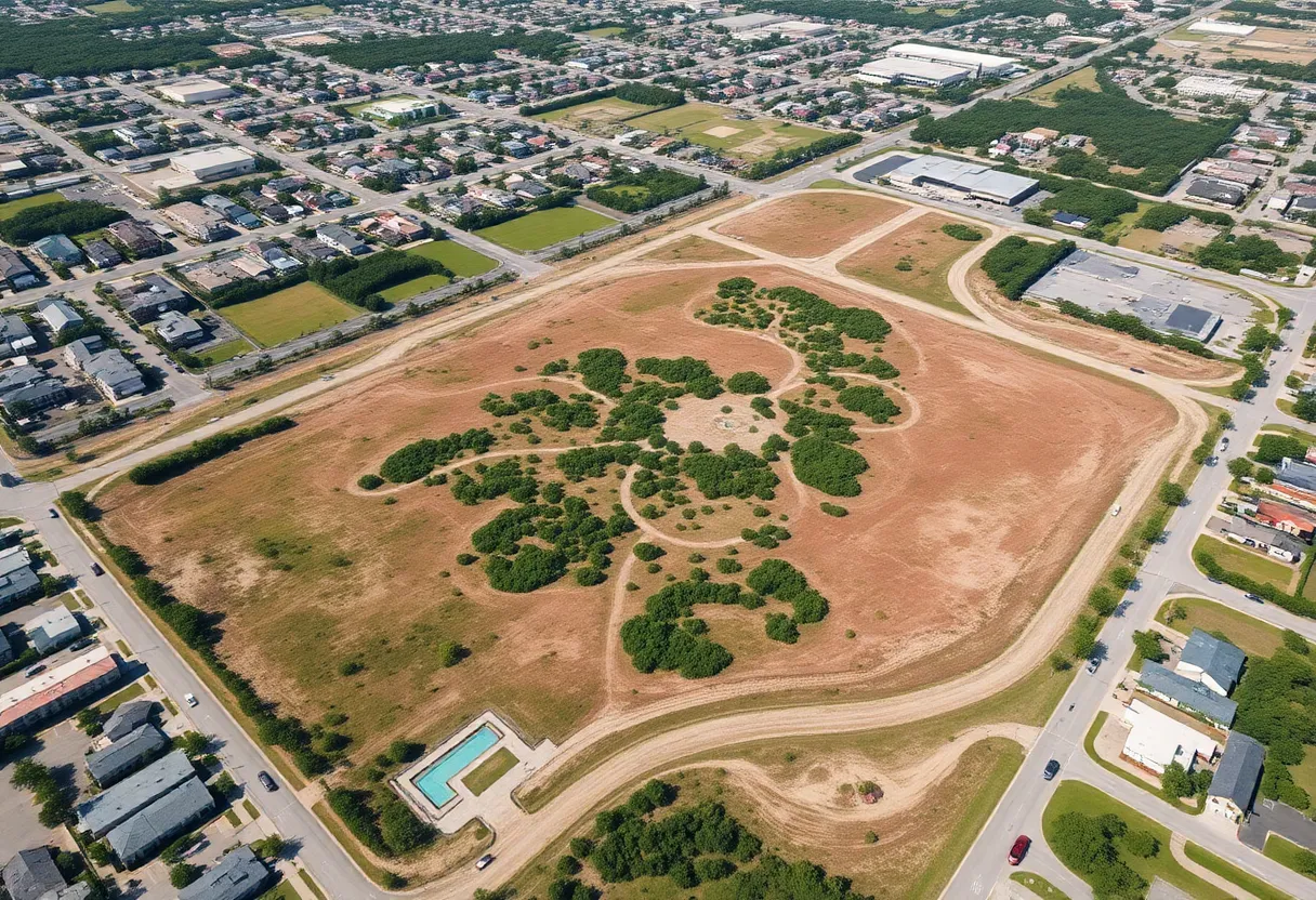 Aerial view of vast land in Northside Jacksonville for future development.