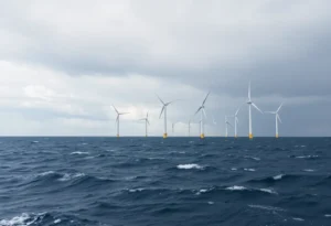 Aerial view of an offshore wind farm with turbines in the ocean.
