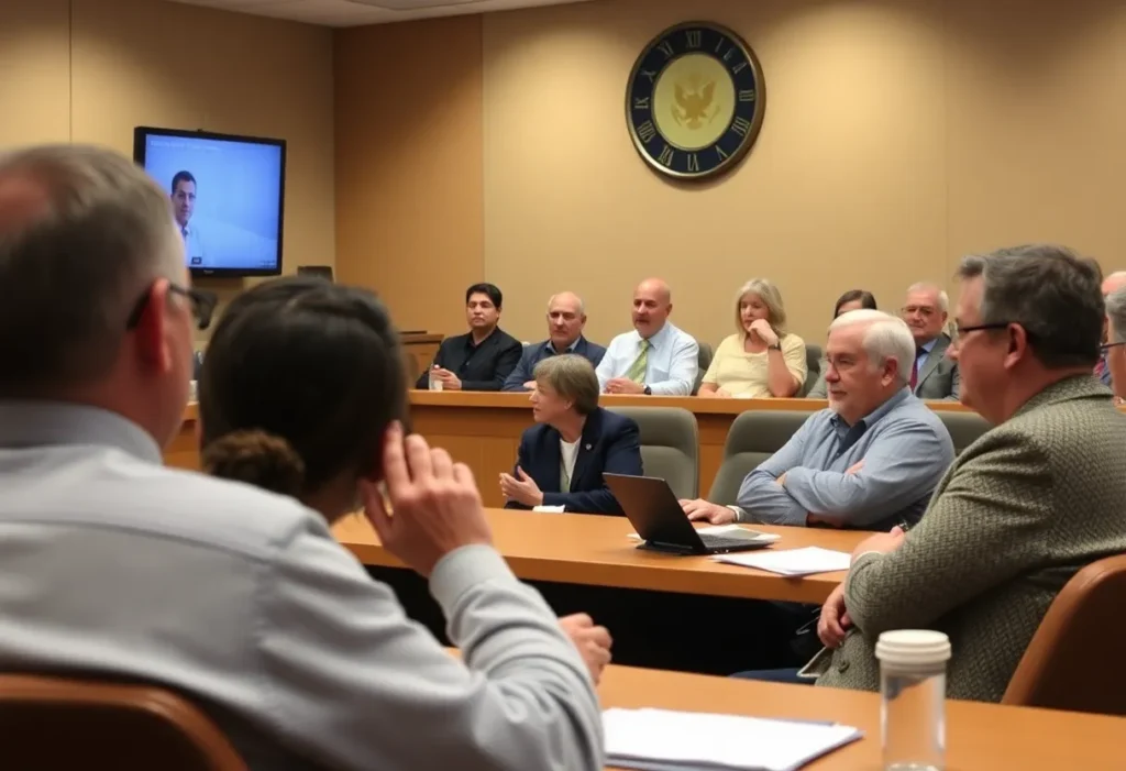 Town council meeting discussing Flock Safety camera proposal