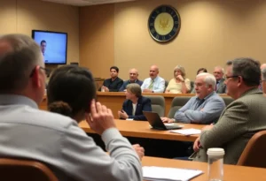 Town council meeting discussing Flock Safety camera proposal