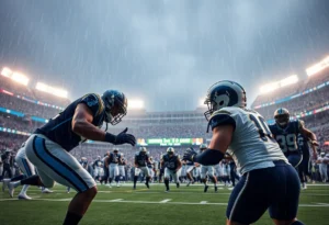 Carolina Panthers players celebrating after winning against the Los Angeles Rams