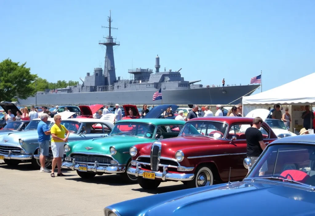 Families enjoying the Pearl Harbor Remembrance Car Show with classic cars on display.