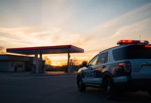 Police vehicle parked outside a gas station with a sunset backdrop.