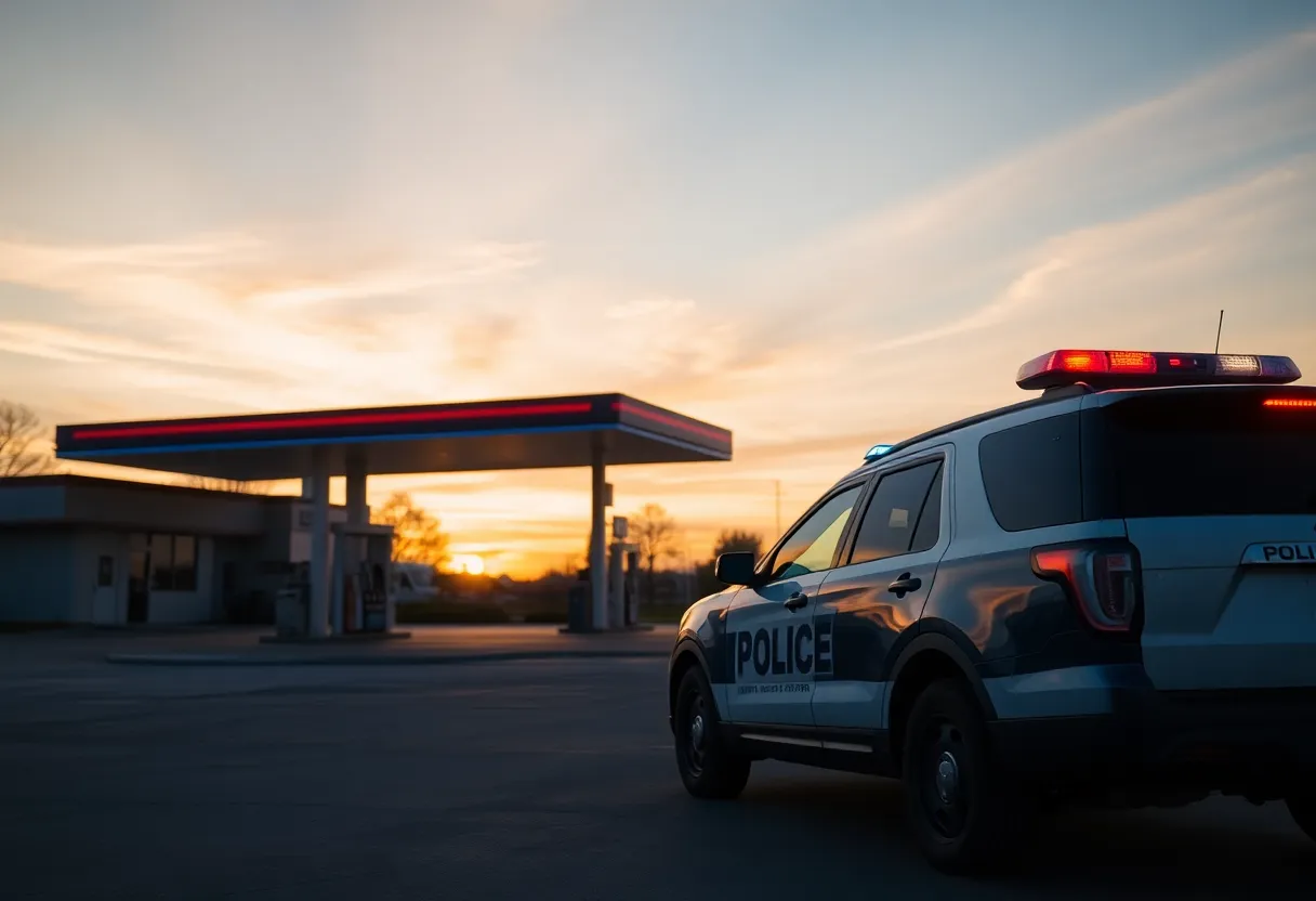 Police vehicle parked outside a gas station with a sunset backdrop.