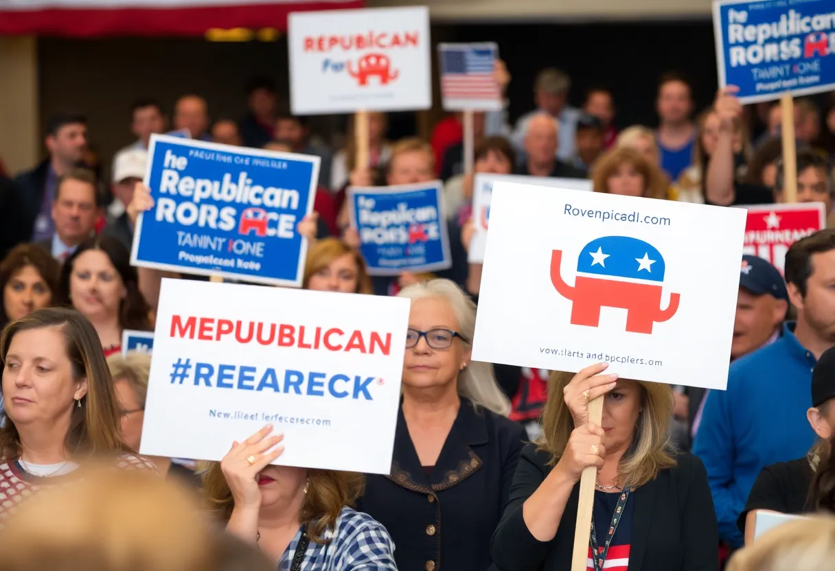 Diverse group cheering at a Republican political rally with campaign signs.