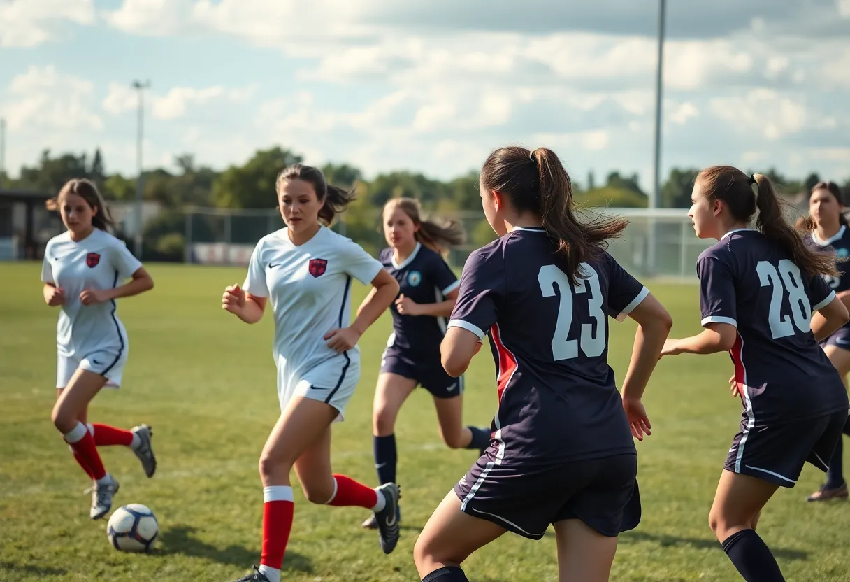 Girls soccer team from Ponte Vedra High School competing on the field