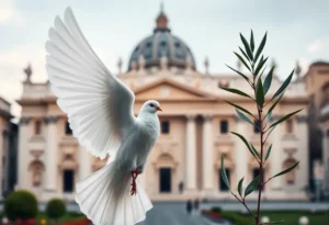 A dove with an olive branch symbolizing peace in front of St. Peter's Basilica.