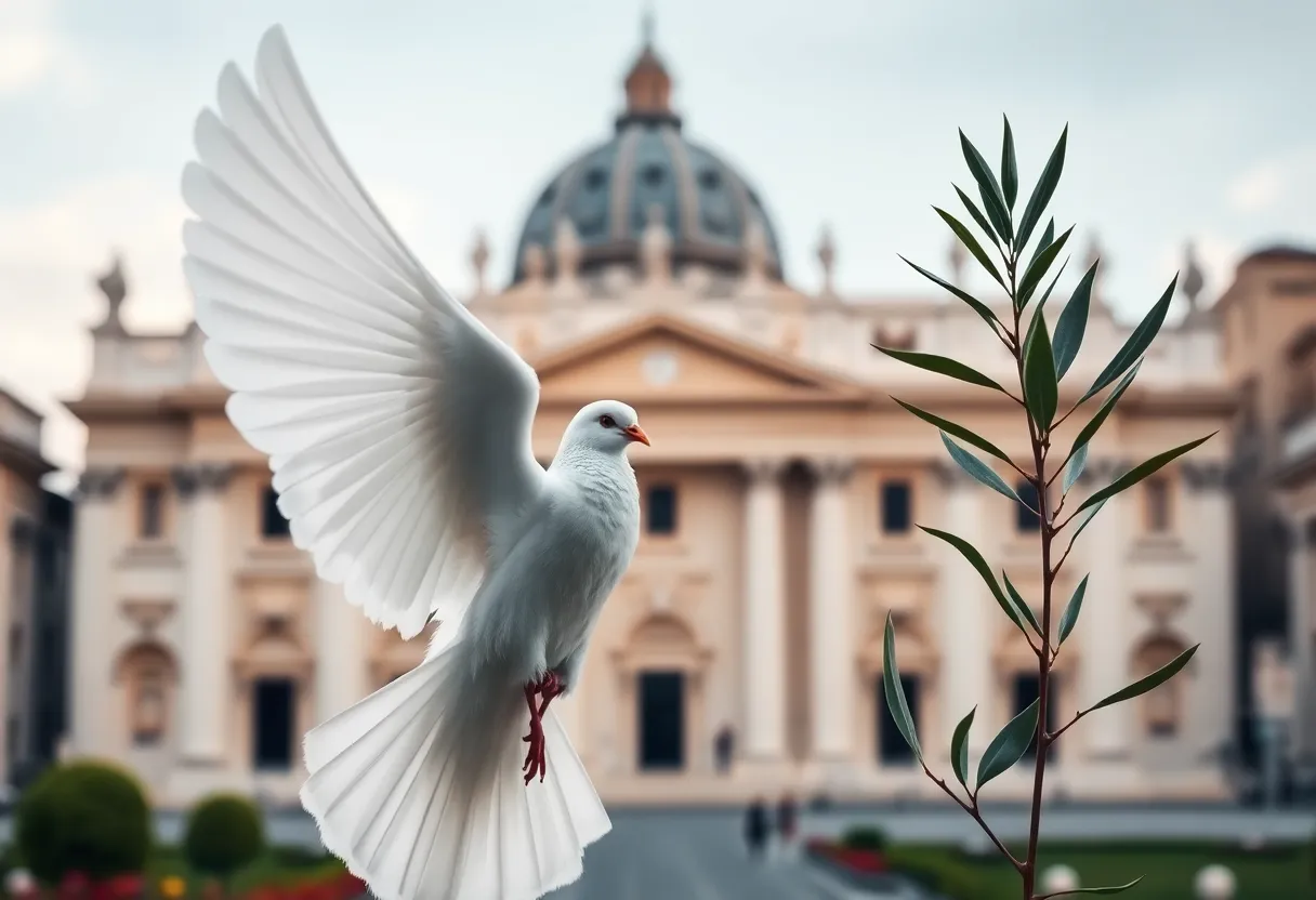 A dove with an olive branch symbolizing peace in front of St. Peter's Basilica.