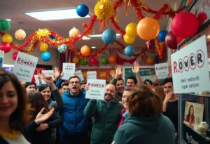 Celebration in a lottery office for the $1.7 billion Powerball jackpot