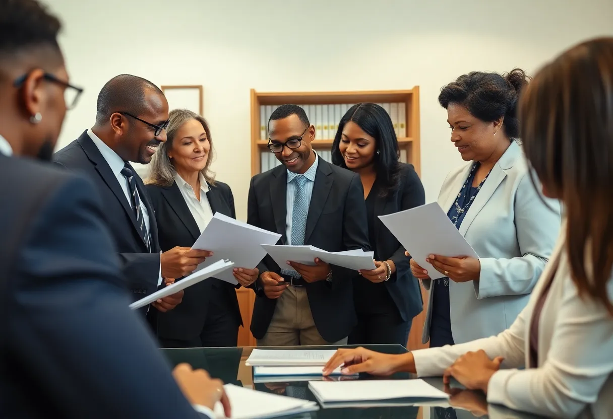 Attorneys working together on pro bono legal cases in an office