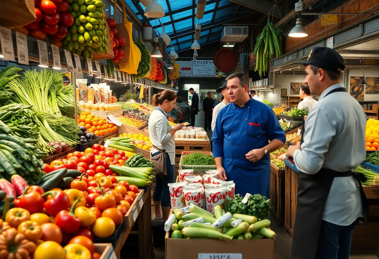 Marketplace with fresh produce and chefs