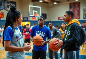Basketball game highlighting community engagement and support for local businesses