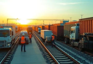 Railcrew Xpress facility showing empty parking lot and crew members managing logistics.