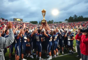 Raines Vikings football team celebrating their state championship victory.