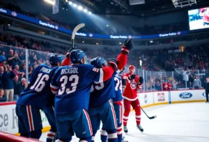 New York Rangers players celebrating after scoring a goal during the game in Washington.