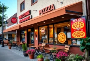 Exterior of Renna’s Pizza in Deerwood Village with outdoor seating